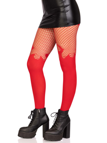 Opaque Flame Tights With Fishnet Top - One Size -  Red  2