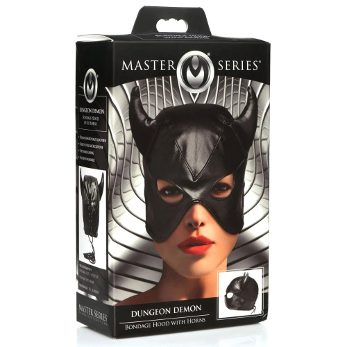 Dungeon Demon Bondage Hood With Horns - Black  3