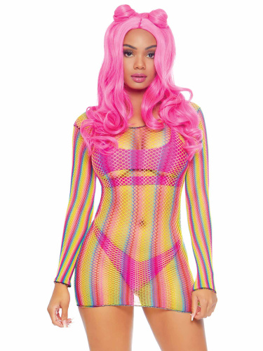 Rainbow Fishnet Long Sleeved Mini Dress - One Size - Rainbow  5