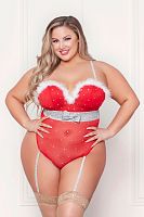 Rhinestone Studded Mesh Teddy With Marabou Trim - 1x/2x - Red