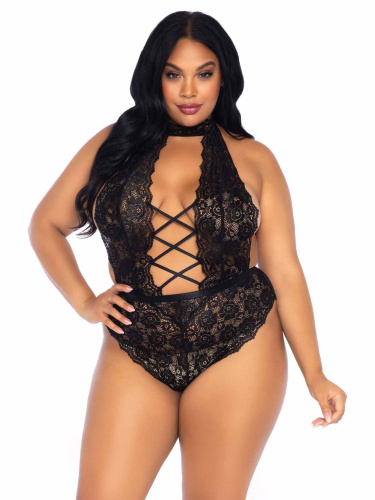 Floral Lace Crotchless Teddy - 1x/2x - Black  4