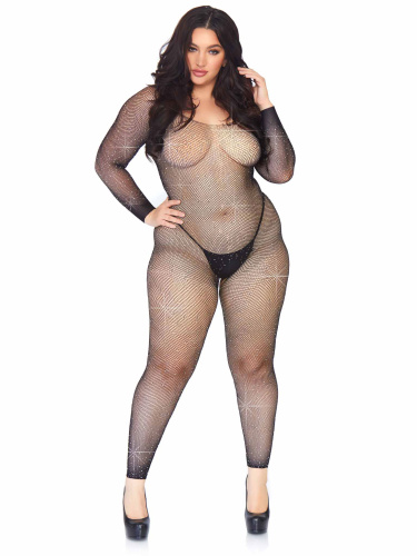 Crystalized Seamless Fishnet Long Sleeved  Bodystocking - 1x/2x - Black  2