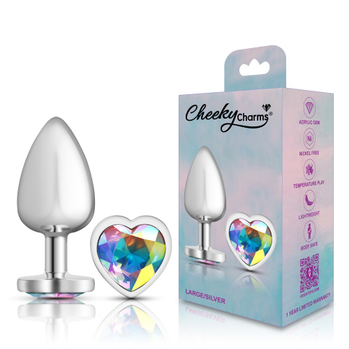 Cheeky Charms-Silver Metal Butt Plug- Heart-Clear-Large  5