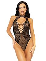 Net and Lace Keyhole Halter Bodysuit - One Size -  Black