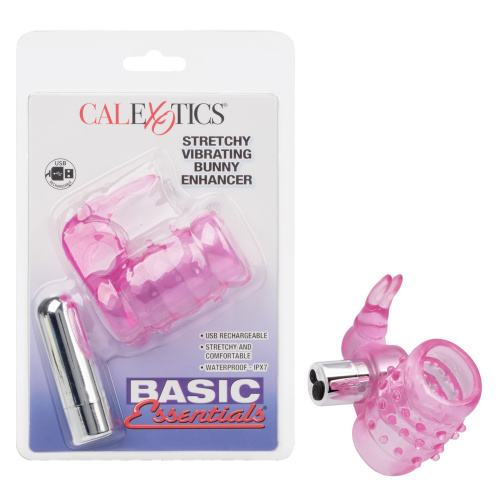 Basic Essentials Stretchy Vibrating Bunny Enhancer - Pink Rechargeable  3