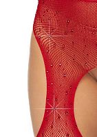 Casey Rhinestone Fishnet Suspender Pantyhose - One Size - Red
