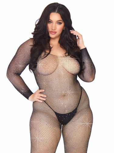 Crystalized Seamless Fishnet Long Sleeved  Bodystocking - 1x/2x - Black  4