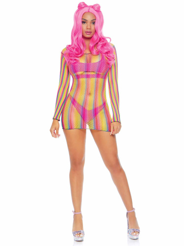 Rainbow Fishnet Long Sleeved Mini Dress - One Size - Rainbow  2