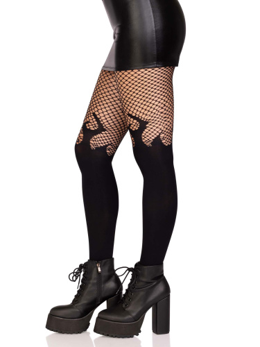 Opaque Flame Tights With Fishnet Top - One Size -  Black  3