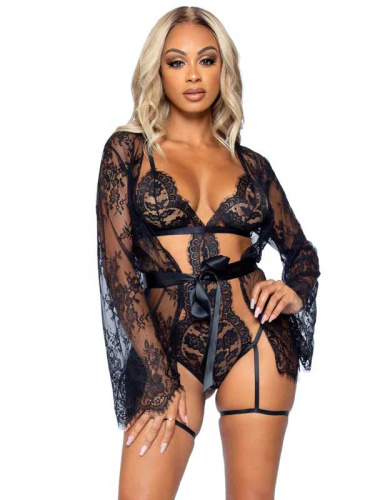 All Romance Lace Teddy and Robe Set - Medium -  Black  4