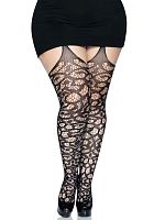 Scroll Lace Stocking With Attached Garter Belt -  1x/2x - Black