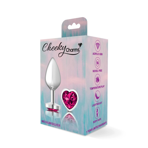 Cheeky Charms-Silver Metal Butt Plug- Heart-Bright Pink-Medium  5