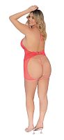 Stretch Fishnet and Scalloped Stretch Lace Chemise - Queen - Coral