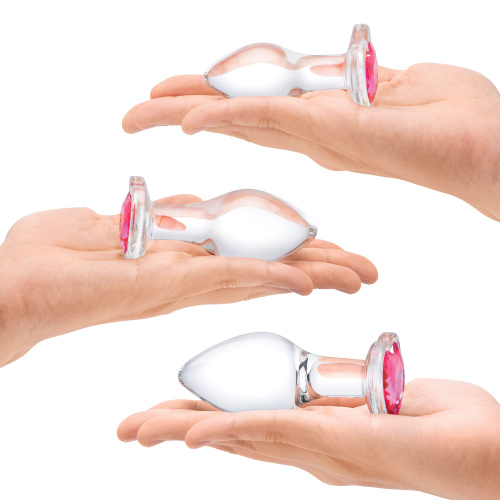 3 Pc Heart Jewel Glass Anal Training Kit -  Clear/pink  4