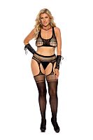 Crochet Net Cami Top, G-String and Matching Suspender Pantyhose - Black - Qs