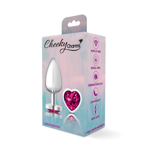 Cheeky Charms-Silver Metal Butt Plug- Heart-Bright Pink-Large  5