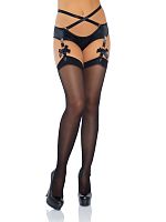 Sheer Stockings With Rhinestone Bow Backseam - One Size - Black