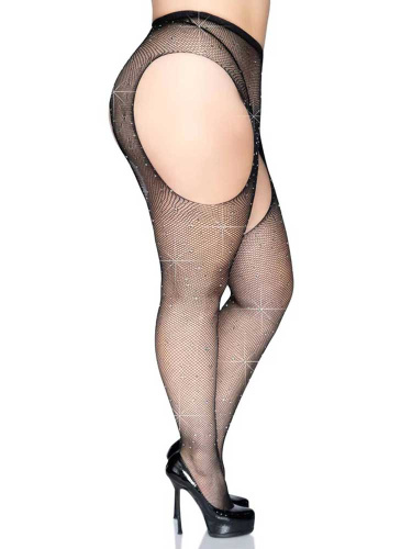 Casey Rhinestone Fishnet Suspender Pantyhose - Queen - Black  2