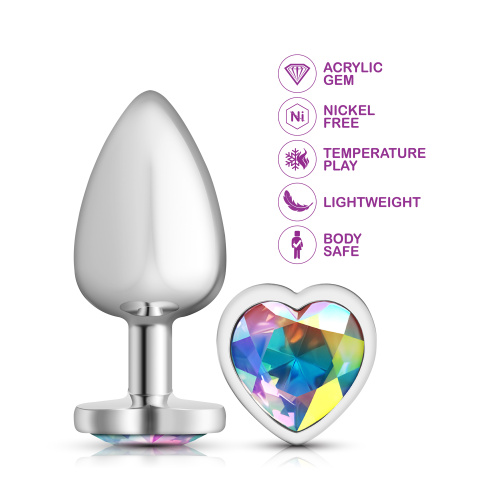 Clear Iridescent Heart Gem Silver Metal Plug - Lg  2