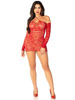 Red Seamless Lace and Net Mini Dress - Dress With Twist Halter Strap - Os