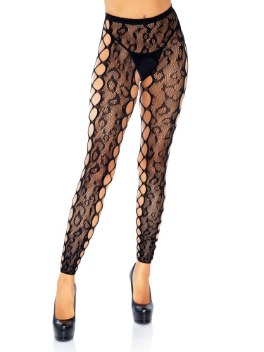 Footless Leopard Lace Crotchless Tights - Black  2