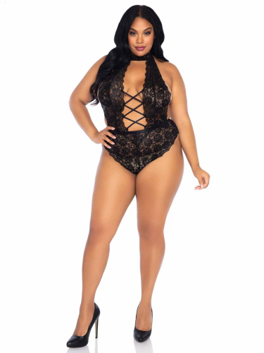 Floral Lace Crotchless Teddy - 1x/2x - Black  2