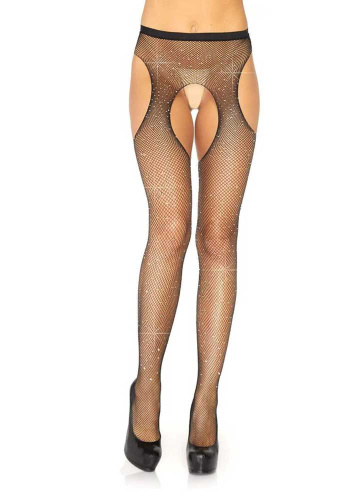 Casey Rhinestone Fishnet Suspender Pantyhose - One Size - Black  3