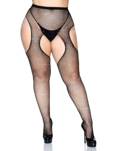 Casey Rhinestone Fishnet Suspender Pantyhose - Queen - Black  4