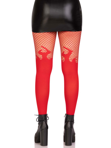 Opaque Flame Tights With Fishnet Top - One Size -  Red  3
