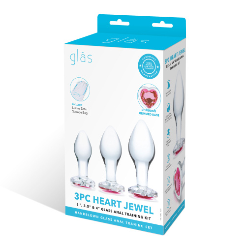 3 Pc Heart Jewel Glass Anal Training Kit -  Clear/pink  5