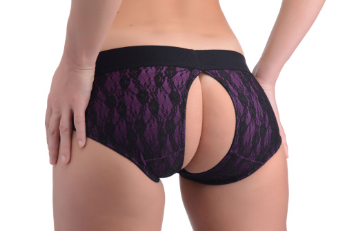 Lace Envy Crotchless Panty Harness - S/ M Black and Purple  2
