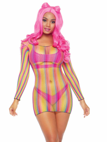 Rainbow Fishnet Long Sleeved Mini Dress - One Size - Rainbow  3
