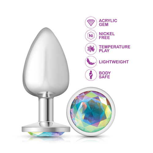 Clear Iridescent Round Gem Silver Metal Plug - Lg  3
