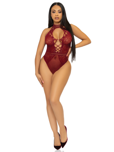 Net and Lace Keyhole Halter Bodysuit - One Size -  Burgundy  5