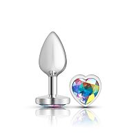 Cheeky Charms-Silver Metal Butt Plug- Heart-Clear-Small