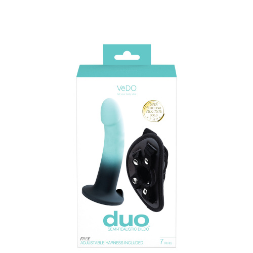 Duo Semi-Realistic Dildo With Harness -  Turquoise/black  2