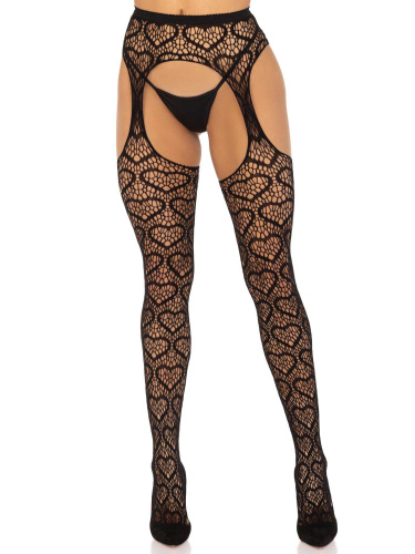 Heart Net Suspender Pantyhose - One Size - Black  2