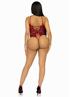 Net and Lace Keyhole Halter Bodysuit - One Size -  Burgundy
