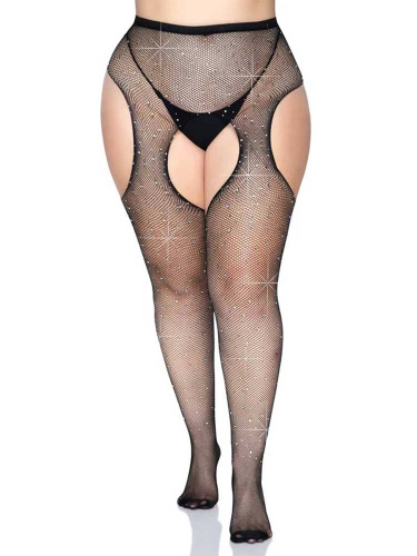 Casey Rhinestone Fishnet Suspender Pantyhose - Queen - Black  3