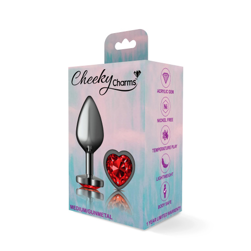 Deep Red Heart Gem Gunmetal Metal Plug - Md  5
