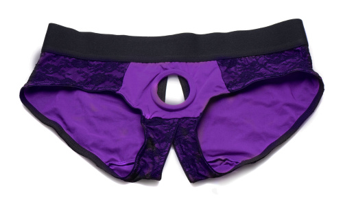 Lace Envy Crotchless Panty Harness - S/ M Black and Purple  5