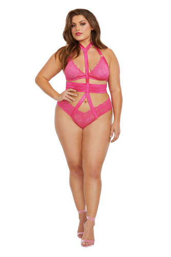 Bralette and Harness Panty - Queen Size - Fuchsia  2