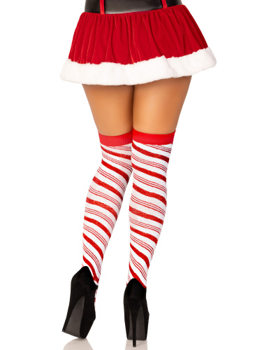 Candy Cane Lurex Striped Socks - Over the Knee - Os - White/red  2
