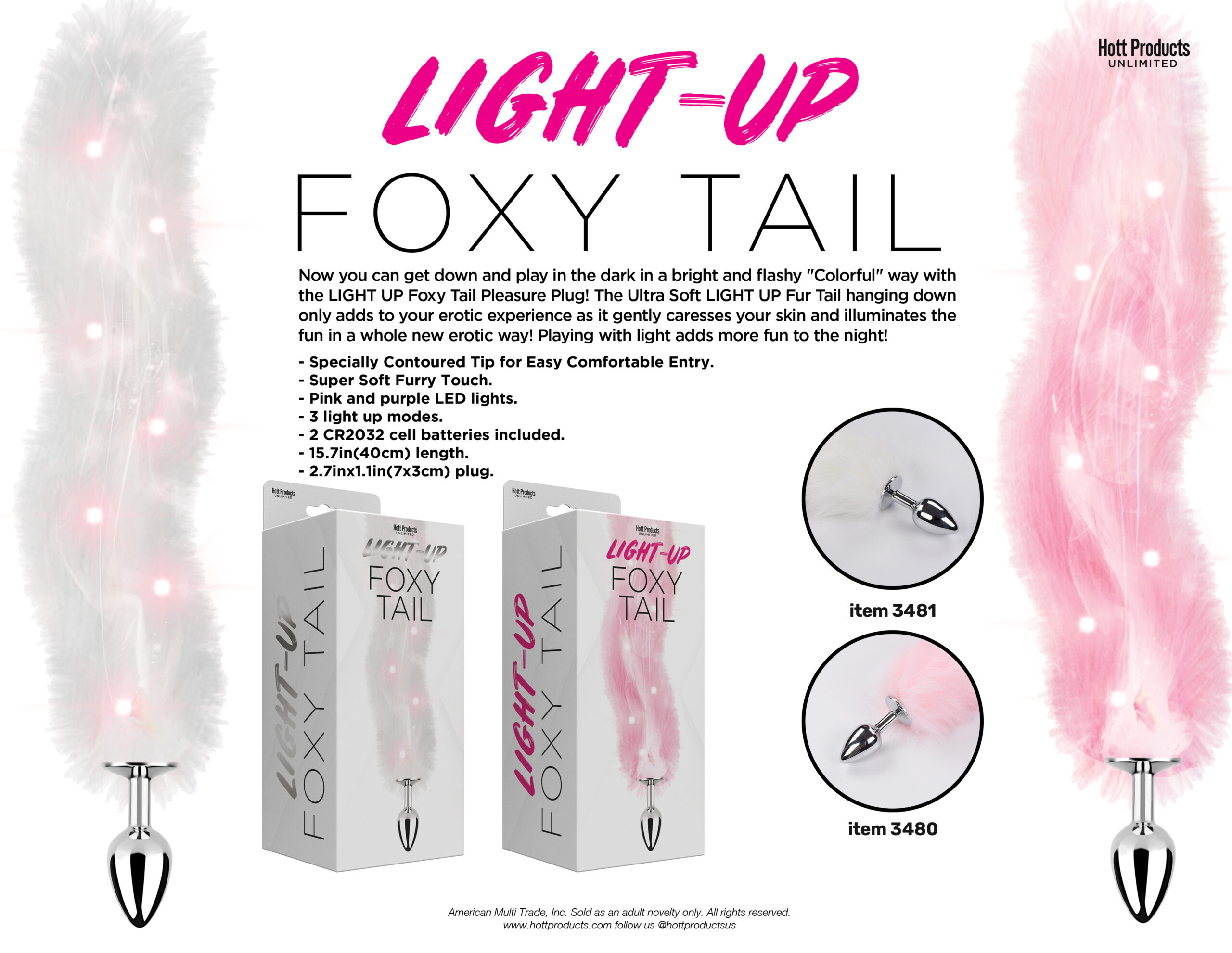 Foxy Tail - Light Up Faux Fur Butt Plug - Pink Plug - Pink