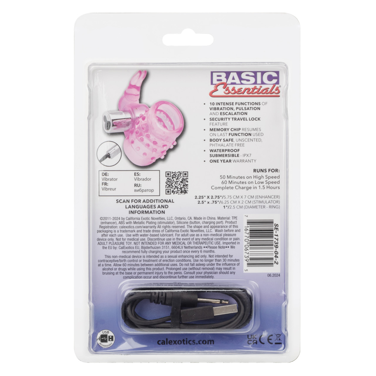 Basic Essentials Stretchy Vibrating Bunny Enhancer - Pink Rechargeable - Image 2