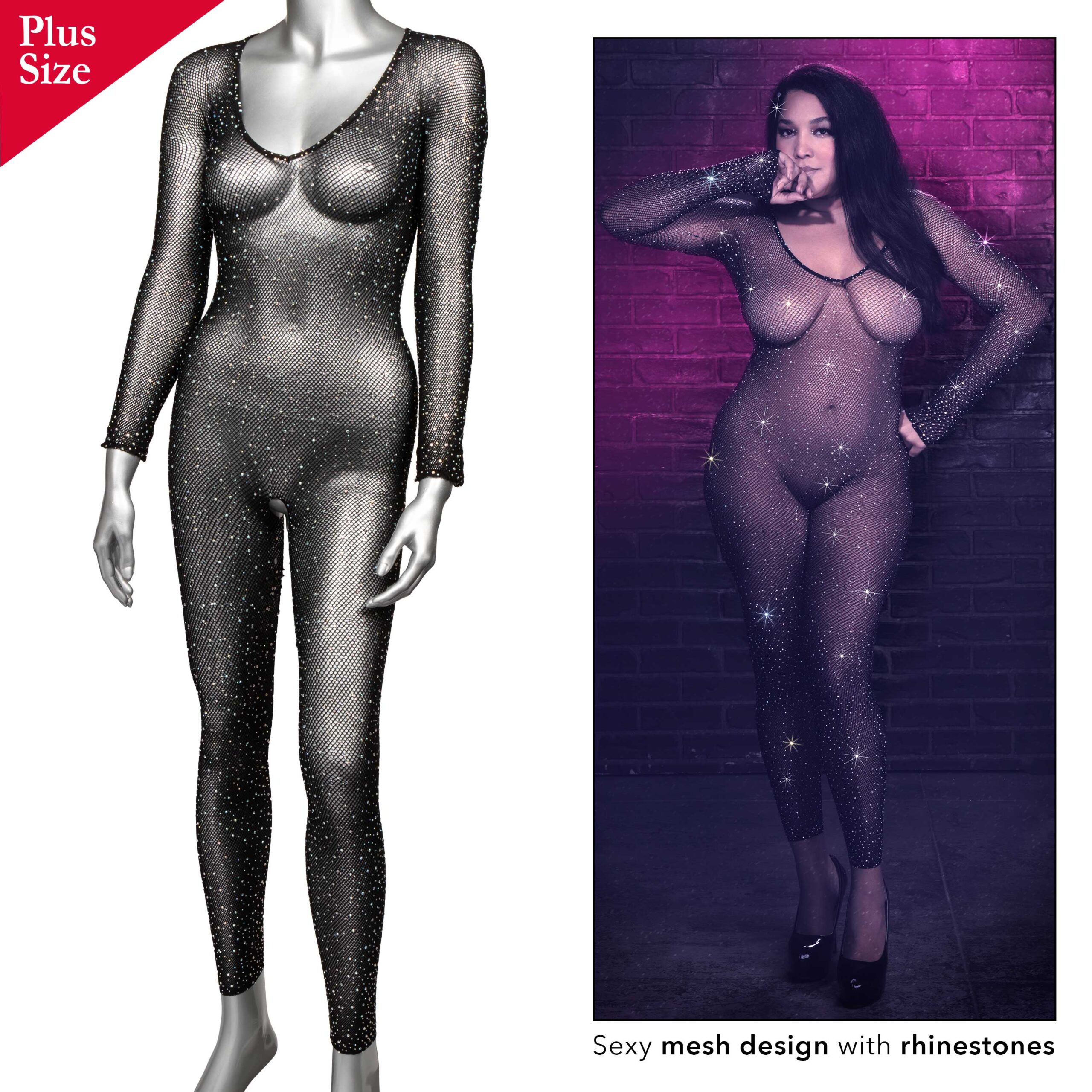 Radiance Crotchless Full Body Suit - Queen - Black - Image 3
