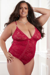 2pc Dramatic Lace Garter Teddy - Tango Red - Qs