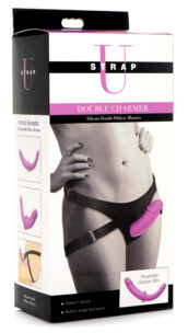 Double Charmer Silicone Double Dildo With Harness - Purple
